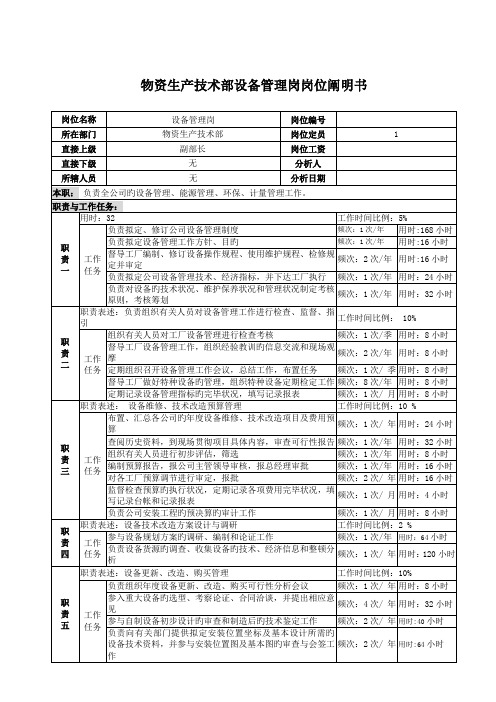 啤酒企业物资生产重点技术部设备管理岗岗位专项说明书