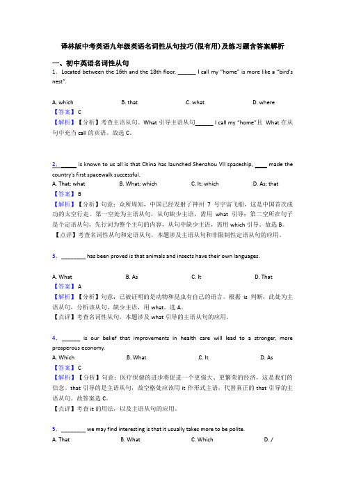 译林版中考英语九年级英语名词性从句技巧(很有用)及练习题含答案解析