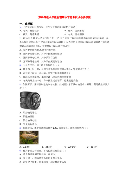 苏科苏教八年级物理期中下册考试试卷及答案