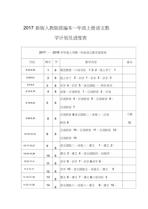 017新版人教版部编本一年级上册语文教学计划及进度表