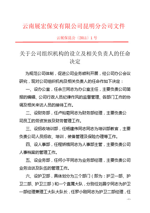 1号文件 关于公司组织机构的设立及相关负责人的任命决定】