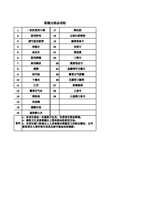 企业药箱明细表