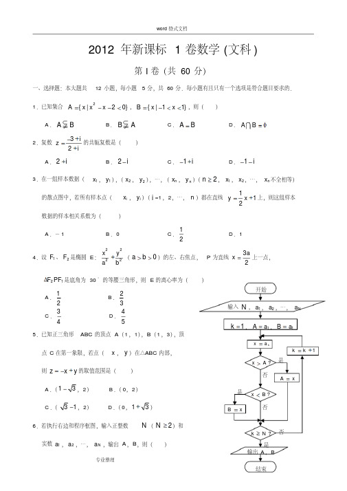2012年全国高考新课标1卷数学文科高考试题