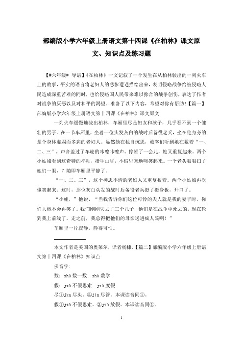 部编版小学六年级上册语文第十四课《在柏林》课文原文、知识点及练习题