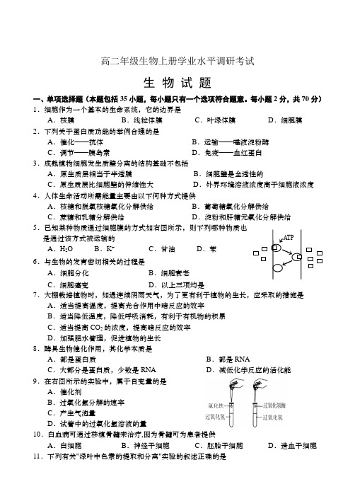 高二年级生物上册学业水平调研考试