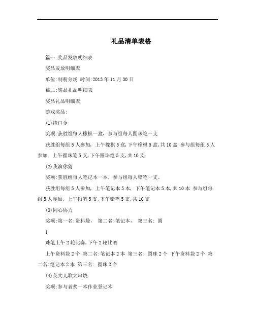 礼品清单表格