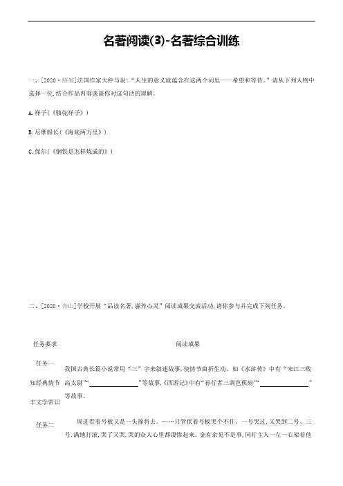 2021年浙江省中考语文二轮专题复习训练：名著阅读(3)-名著综合训练