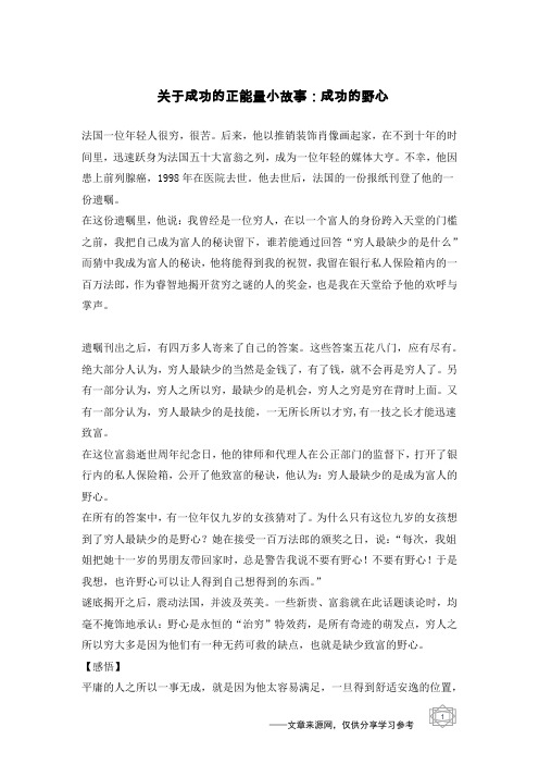 关于成功的正能量小故事：成功的野心