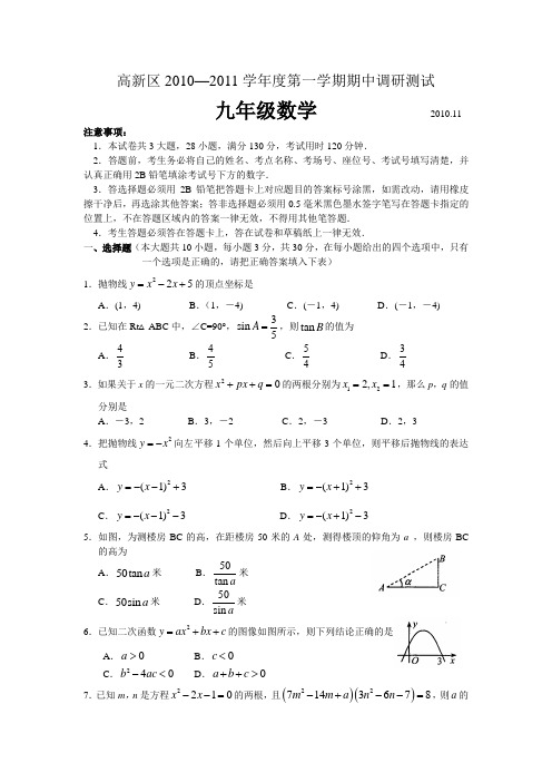 江苏高新区2010—2011学年度九年级数学上册期中试题及答案