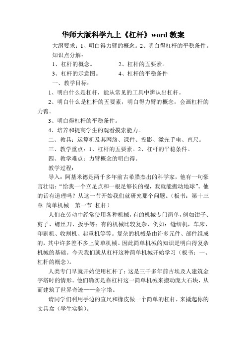 华师大版科学九上《杠杆》word教案