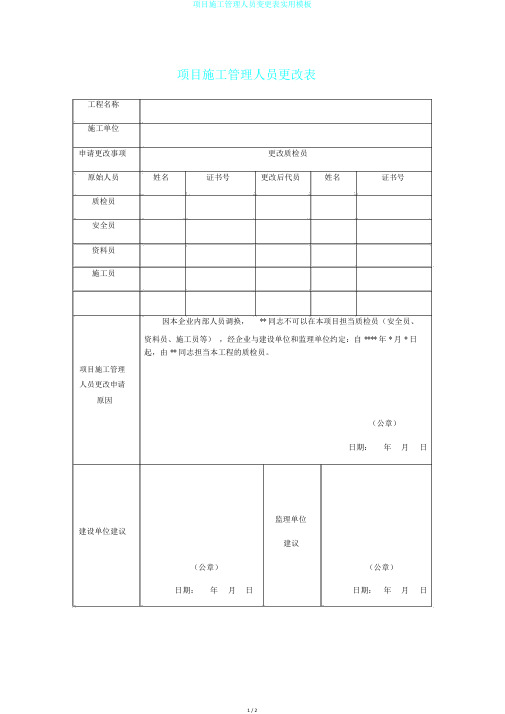 项目施工管理人员变更表实用模板