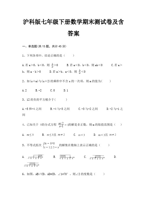 【新】沪科版七年级下册数学期末测试卷及含答案