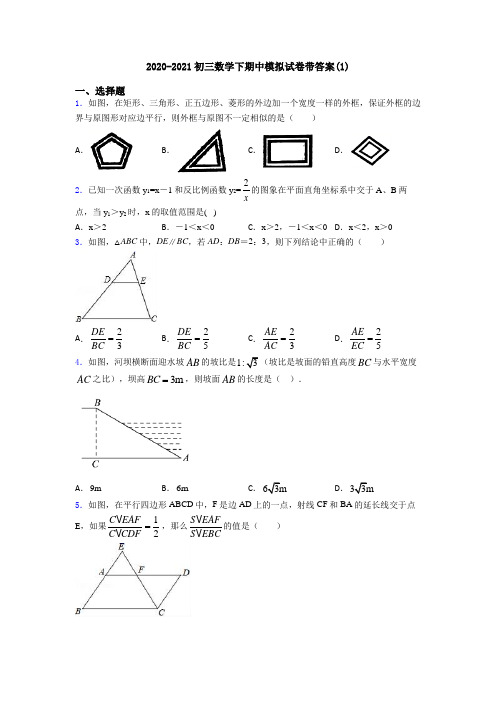 2020-2021初三数学下期中模拟试卷带答案(1)
