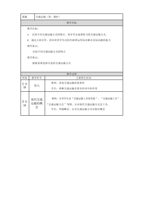 第四章第一节 交通运输 第一课时教学设计(表格式)人教版地理八年级上册