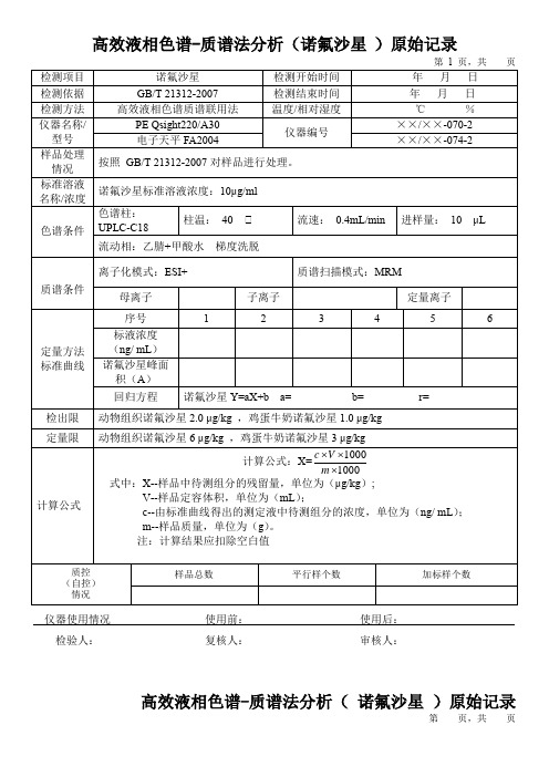 高效液相色谱-质谱法分析(诺氟沙星 )原始记录1