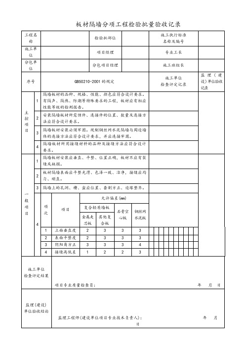 板材隔墙分项工程检验批量验收记录
