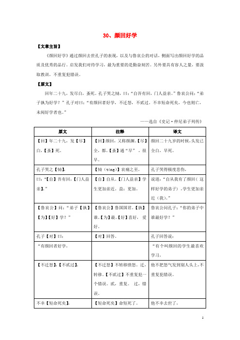 七年级语文下册课外文言文精读30《颜回好学》练习新人教版