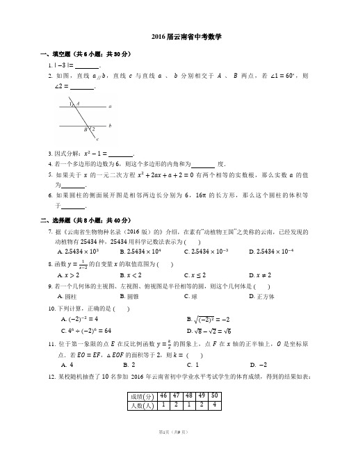 2016届云南省中考数学