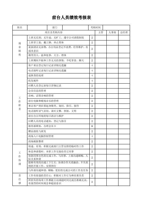 前台人员绩效考核表