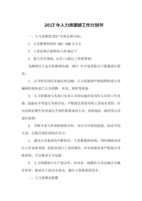 2017年人力资源部工作计划书