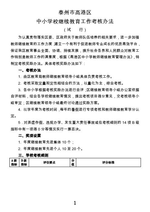 中小学校继续教育工作考核办法