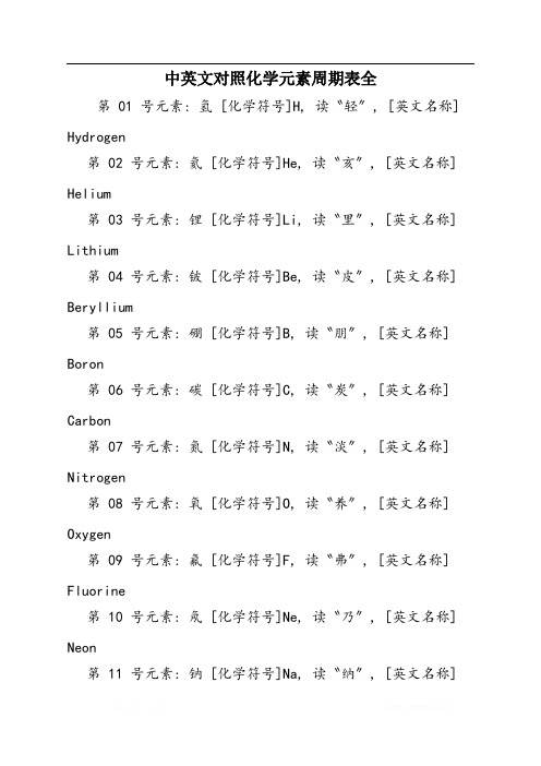 中英文对照化学元素周期表全