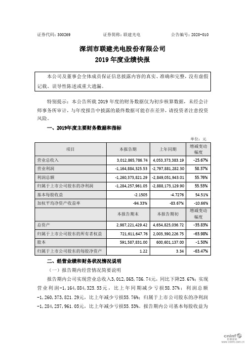 联建光电：2019年度业绩快报