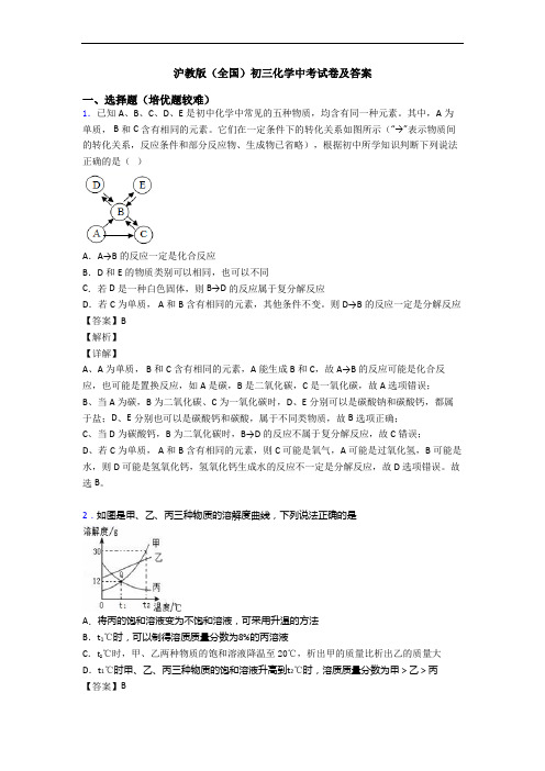沪教版(全国)初三化学中考试卷及答案