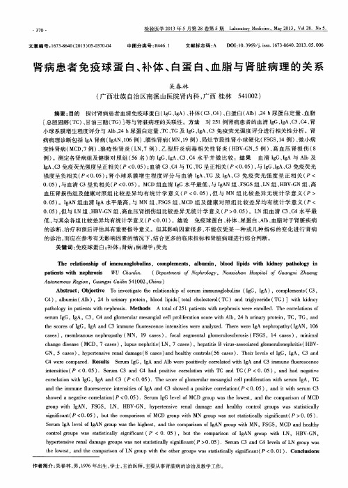肾病患者免疫球蛋白、补体、白蛋白、血脂与肾脏病理的关系