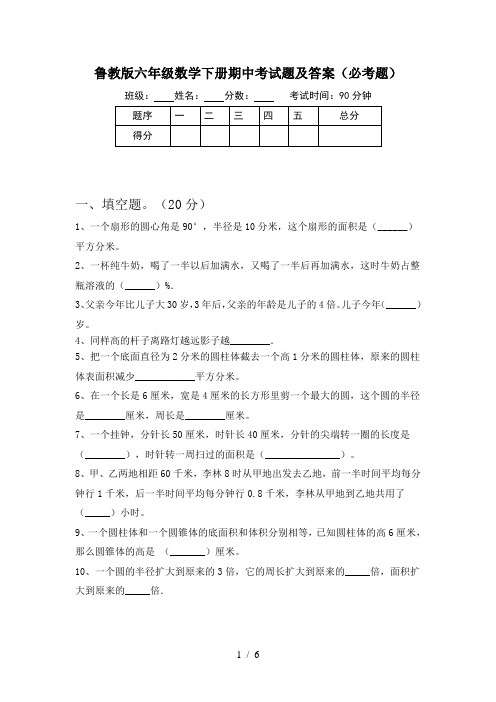 鲁教版六年级数学下册期中考试题及答案(必考题)