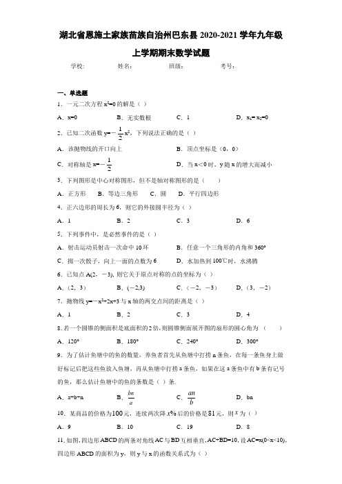湖北省恩施土家族苗族自治州巴东县2020-2021学年九年级上学期期末数学试题