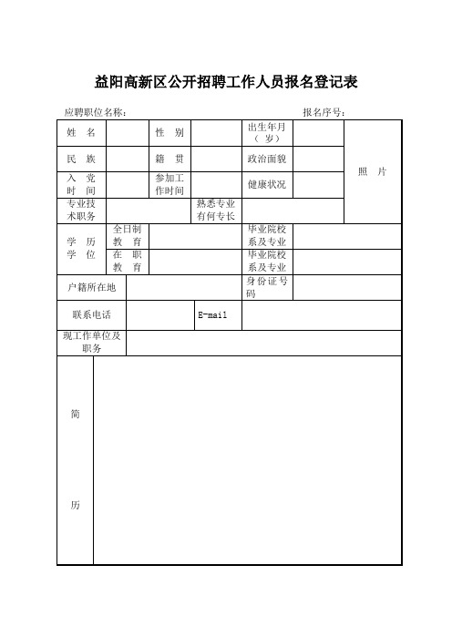 益阳高新区公开招聘工作人员报名登记表