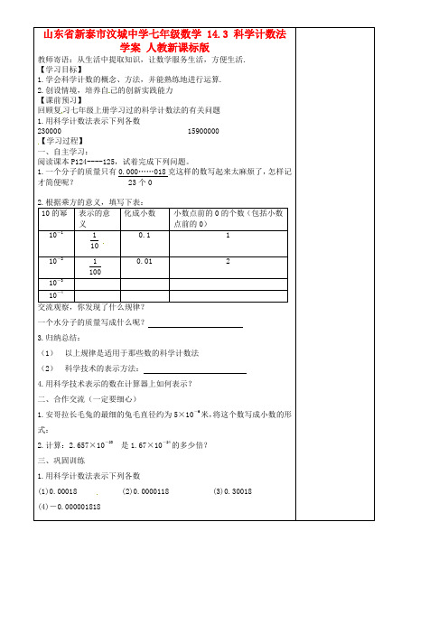 山东省新泰市汶城中学七年级数学 143 科学计数法学案 人教新课标版 精品