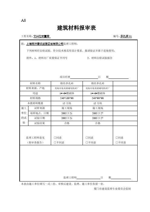 A8建筑材料报审表(多孔砖)
