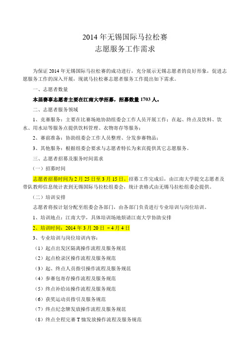 2014年无锡国际马拉松志愿者服务工作需求