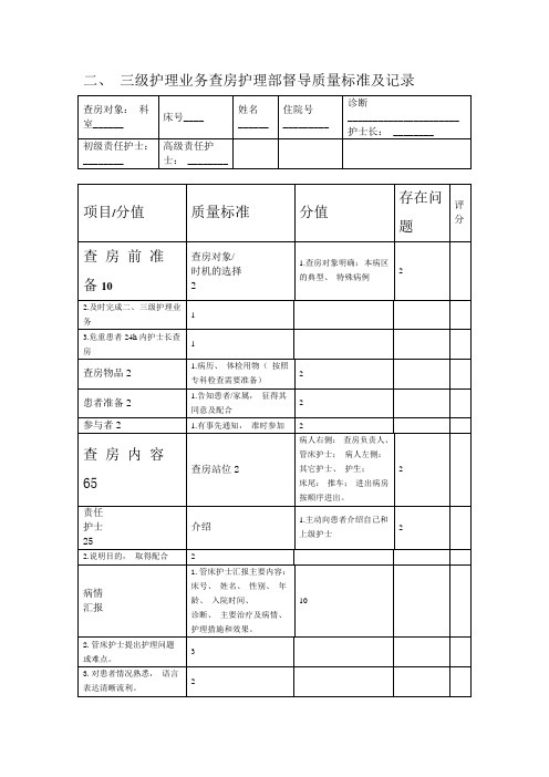 二、 三级护理业务查房护理部督导质量标准及记录