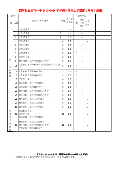四川省宜宾市一中2017-2018学年高中政治上学期第1周周训练题