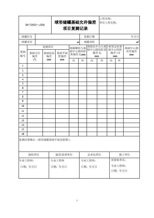 球形储罐基础允许偏差项目复测记录SHT3503-J208