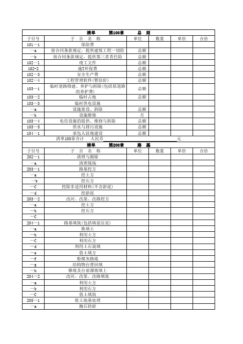 工程量计价清单制定标准标表
