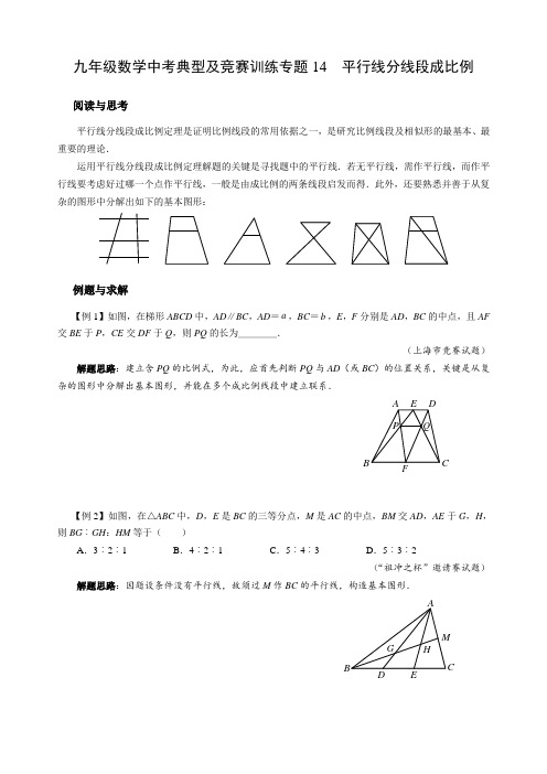 九年级数学中考典型及竞赛训练专题14 平行线分线段成比例(附答案解析)