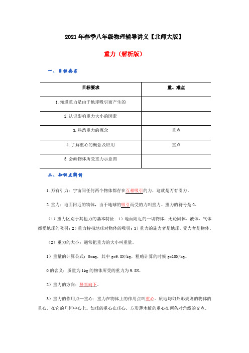 重力  2021年春季八年级物理辅导讲义【北师大版】(解析版)