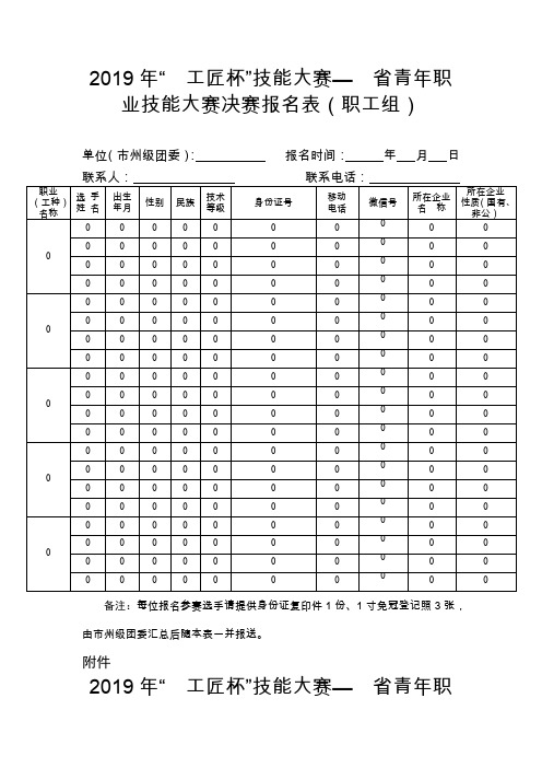 2019年青年职业技能大赛决赛报名表(职工组)【表格模板】
