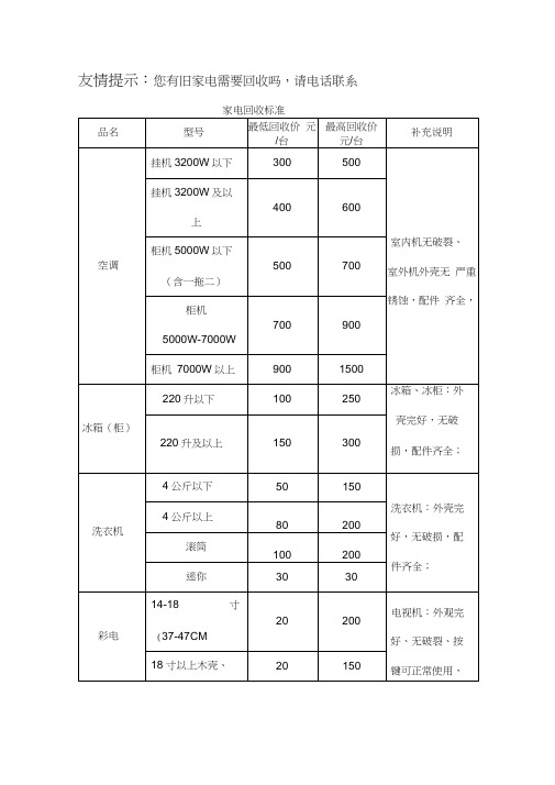 旧家电回收价格表