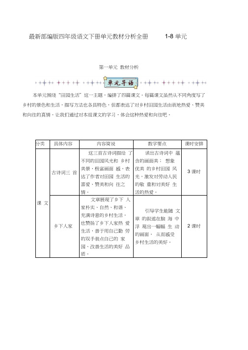 最新部编版四年级语文下册单元教材分析(精编)全册1-8单元