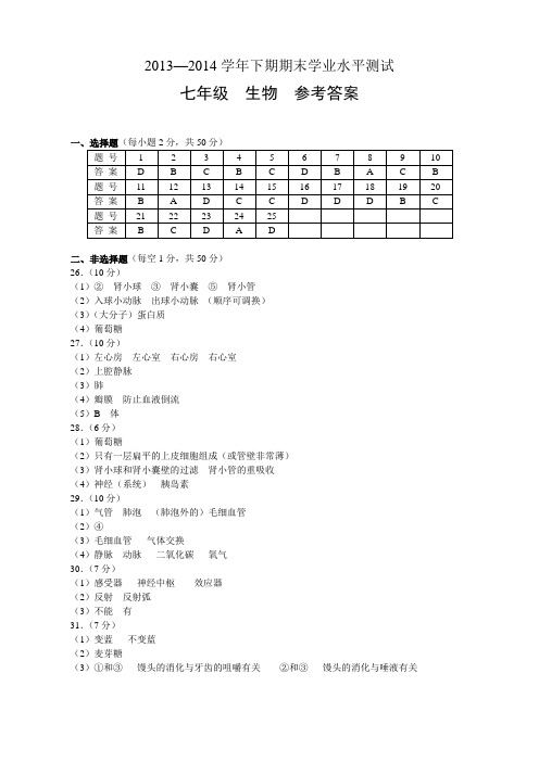 2013—2014学年下期期末学业水平测试
