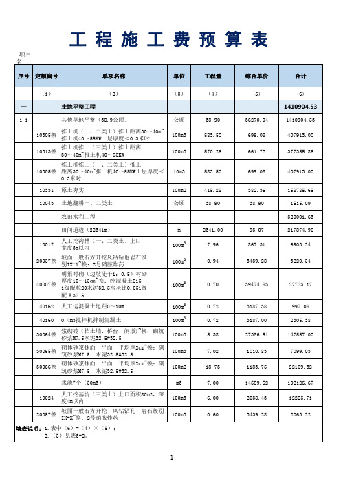 工 程 施 工 费 预 算 表
