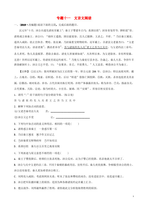 中考语文 专题十一 文言文阅读练习(含解析)