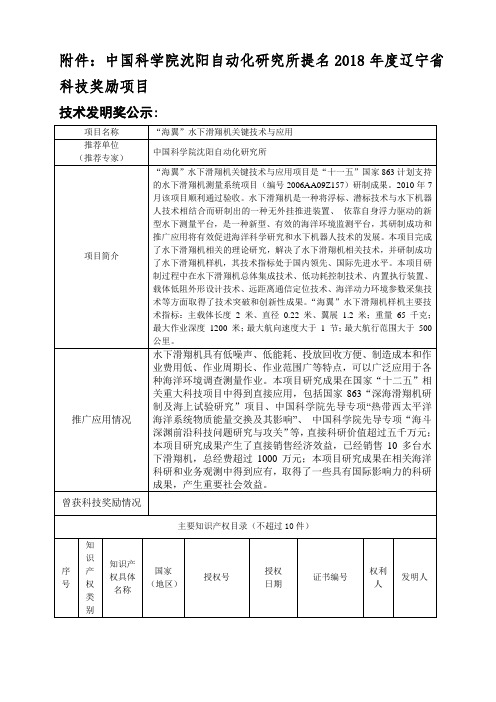 中国科学院沈阳自动化研究所提名2018年度辽宁省科技