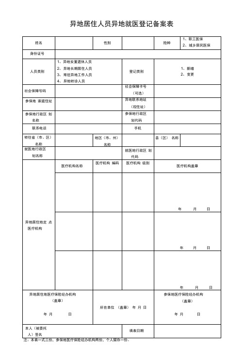 异地居住人员异地就医登记备案表