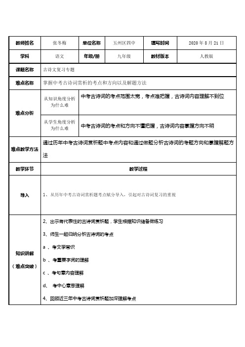 古诗词专题复习 初中语文教案九年级语文教学设计 人教版